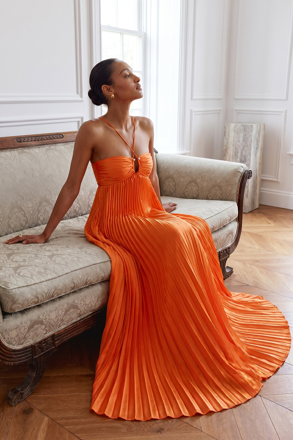 Grant Blanc | Women’s Halter Pleated Maxi Dress for Evening Party & Prom
