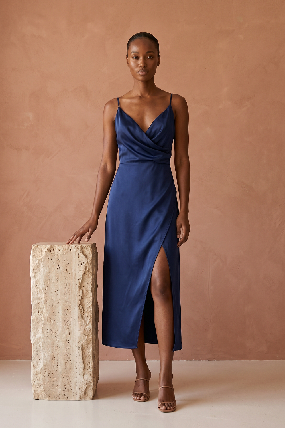 Grant Blanc | Women’s Deep V Midi Summer Dress Elegant Sleeveless Slit Dress