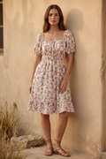 Grant Blanc | Women’s Floral Summer Midi Dress with Puff Sleeves and Ruffles