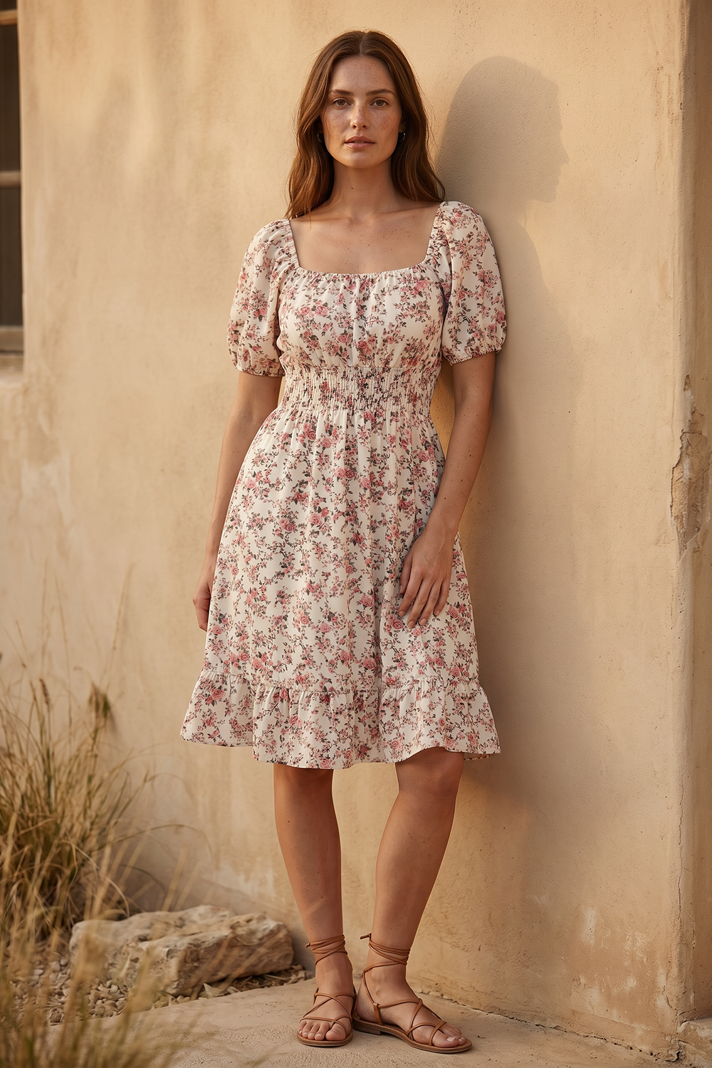 Grant Blanc | Women’s Floral Summer Midi Dress with Puff Sleeves and Ruffles
