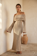 Grant Blanc | Women’s Off Shoulder Knit Maxi Dress Long Sleeve Elegant Fit