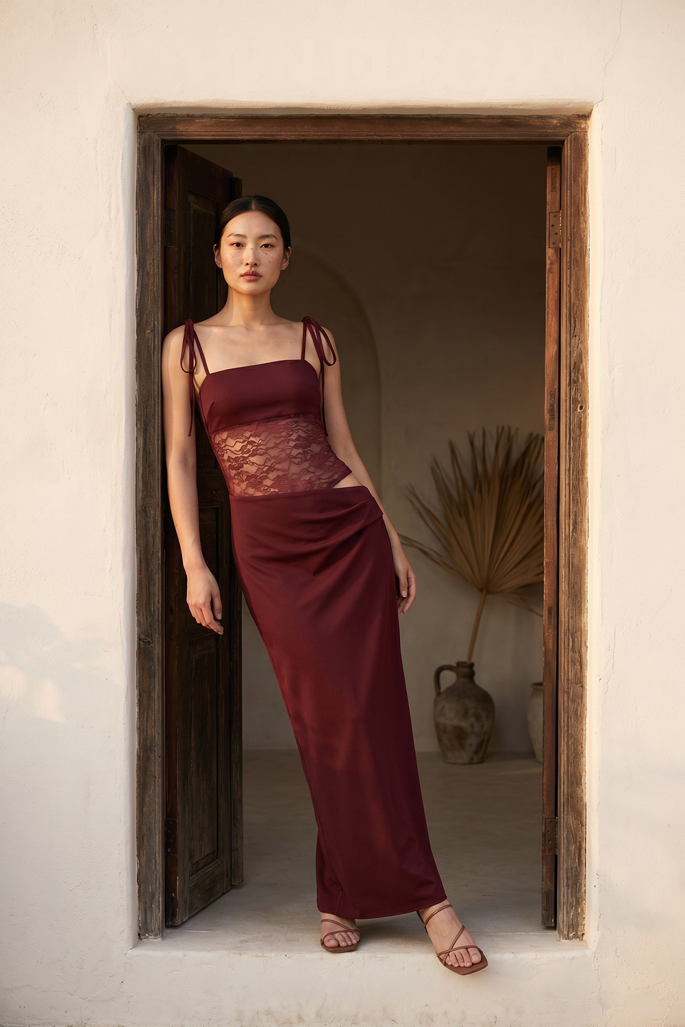 Grant Blanc | Women Elegant Bodycon Maxi Dress with Sheer Lace Detail