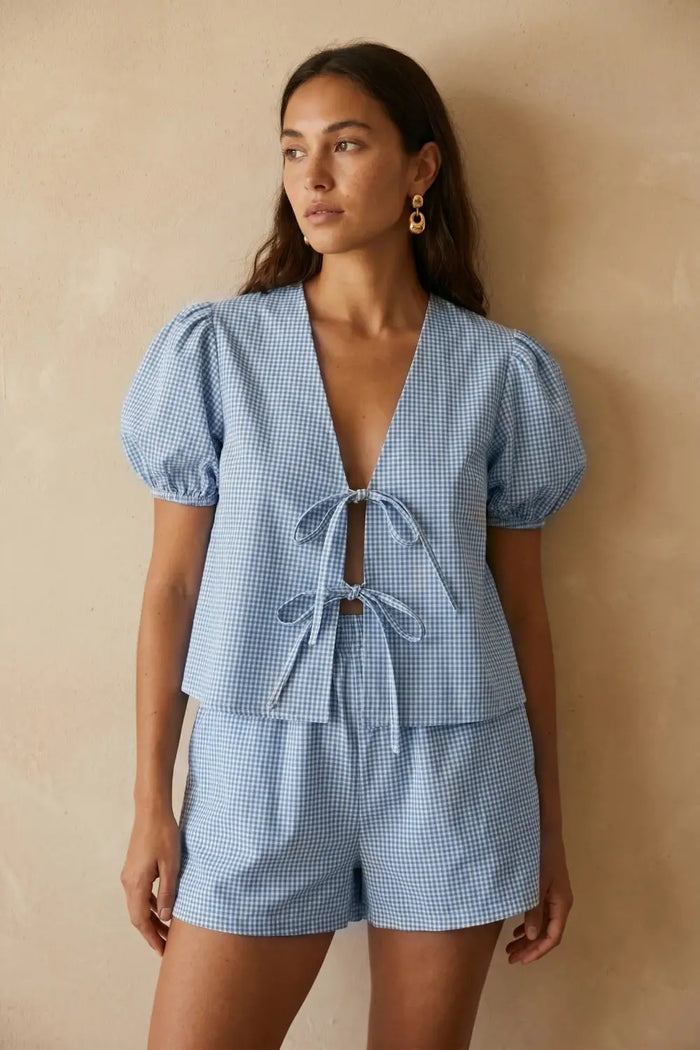 Grant Blanc | Women’s Gingham Puff Sleeve Top and Shorts Matching Set Grant Blanc