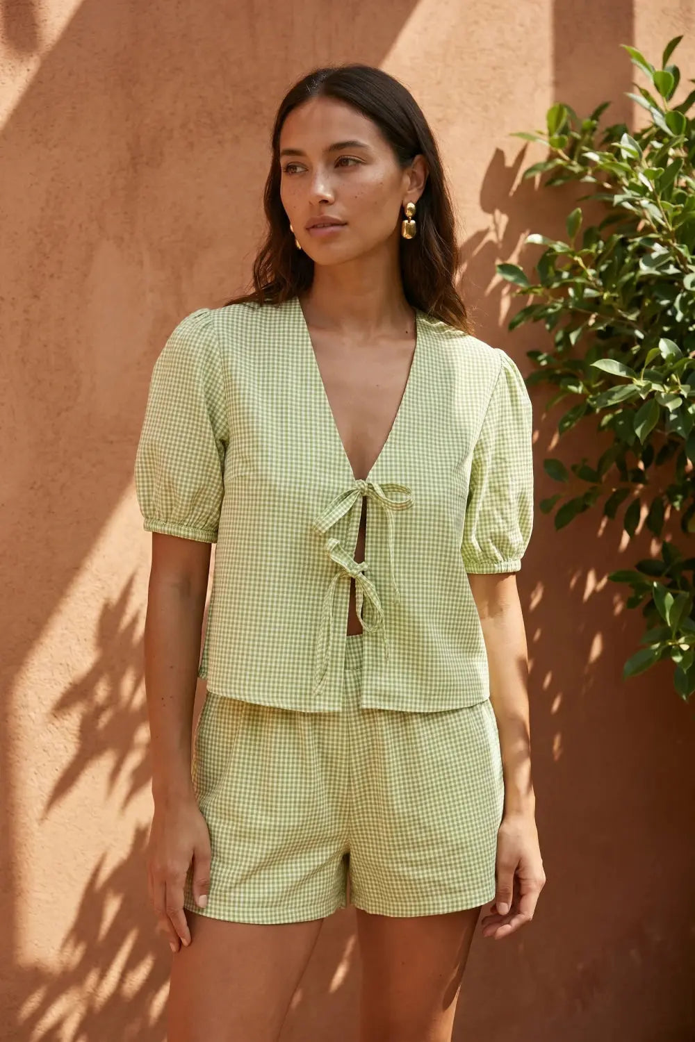Grant Blanc | Women’s Gingham Puff Sleeve Top and Shorts Matching Set Grant Blanc