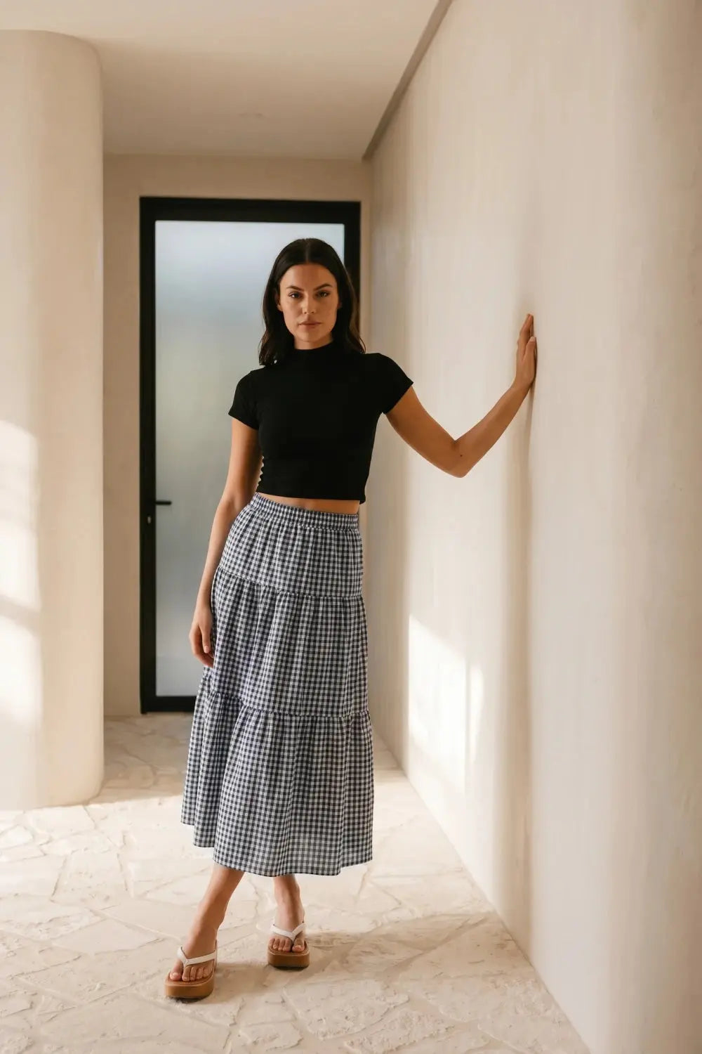 Grant Blanc | Women’s Gingham Maxi Skirt Breathable Lightweight Vacation Grant Blanc