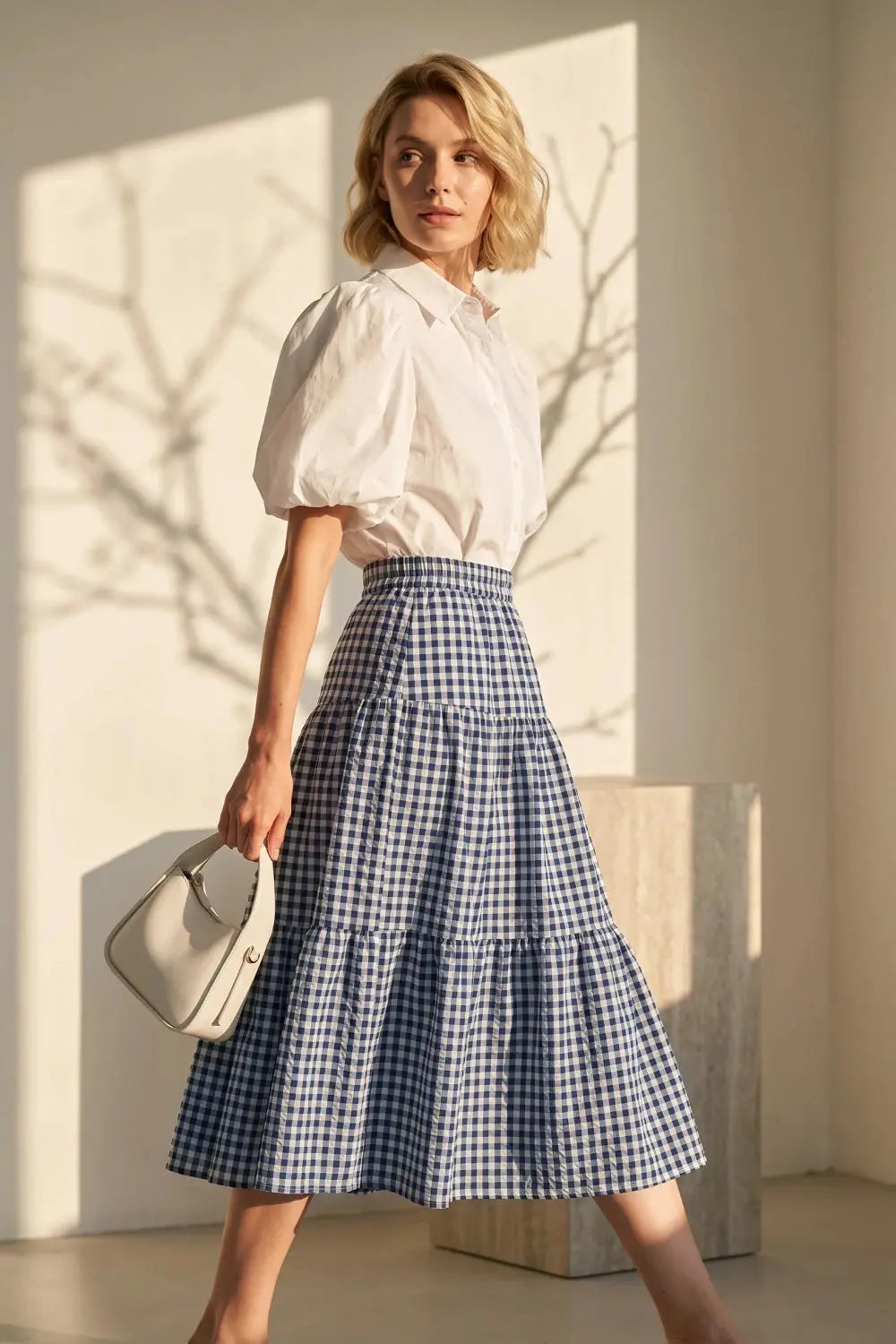 Grant Blanc | Women’s Gingham Maxi Skirt Breathable Lightweight Vacation Grant Blanc