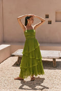 Grant Blanc | Women’s Strapless Pleated Maxi Dress with Waist-Cinching Tiered Design Grant Blanc