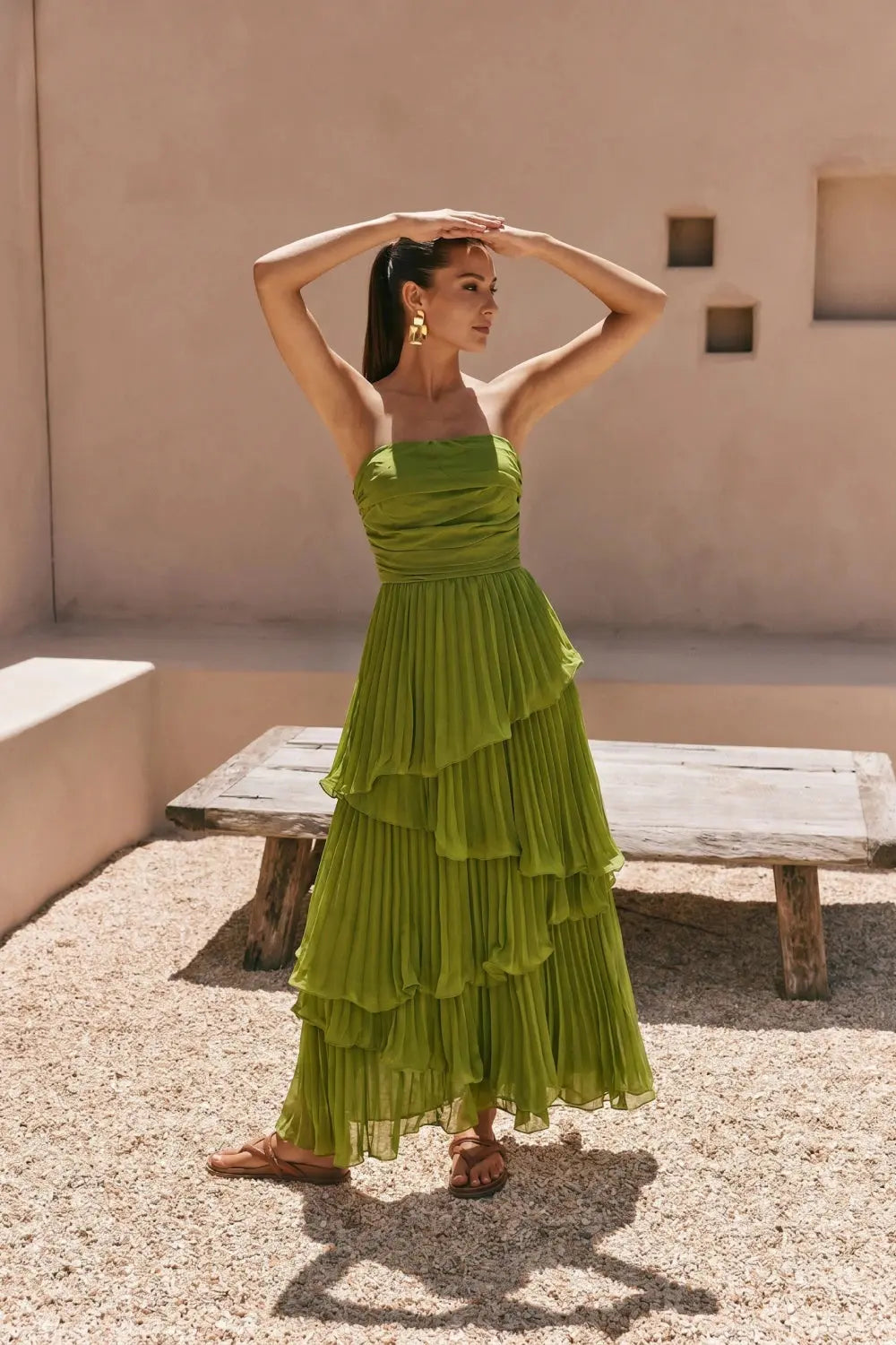 Grant Blanc | Women’s Strapless Pleated Maxi Dress with Waist-Cinching Tiered Design Grant Blanc