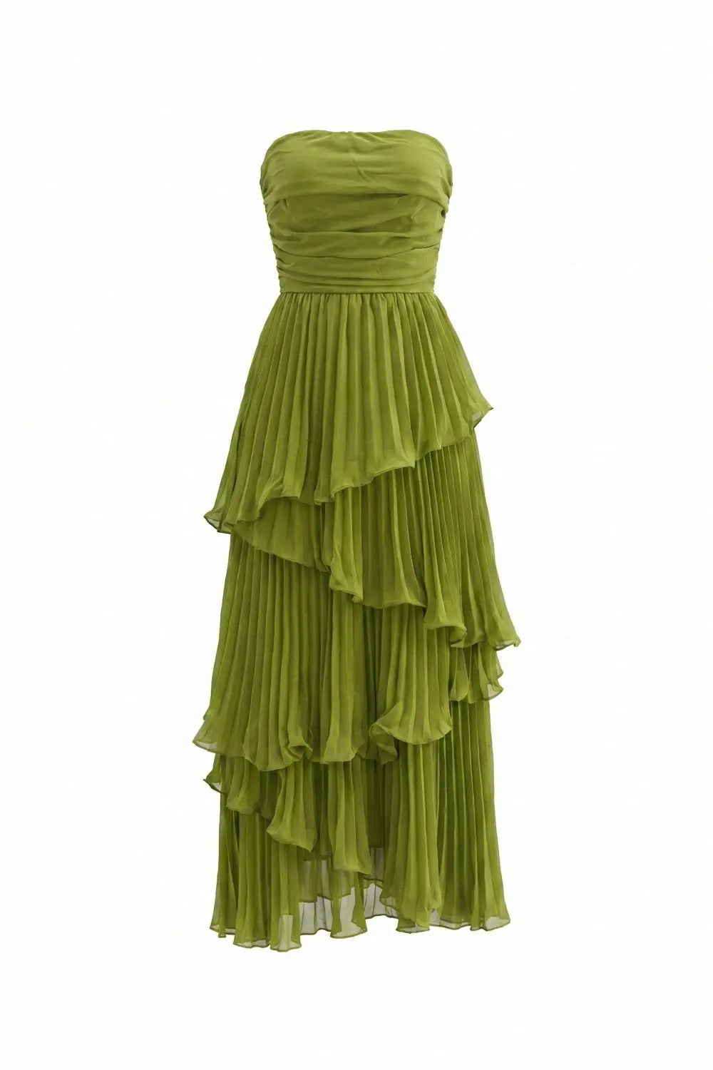 Grant Blanc | Women’s Strapless Pleated Maxi Dress with Waist-Cinching Tiered Design Grant Blanc