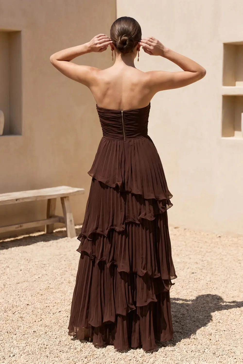 Grant Blanc | Women’s Strapless Pleated Maxi Dress with Waist-Cinching Tiered Design Grant Blanc