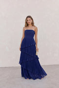 Grant Blanc | Women’s Strapless Pleated Maxi Dress Waist-Cinching Tiered