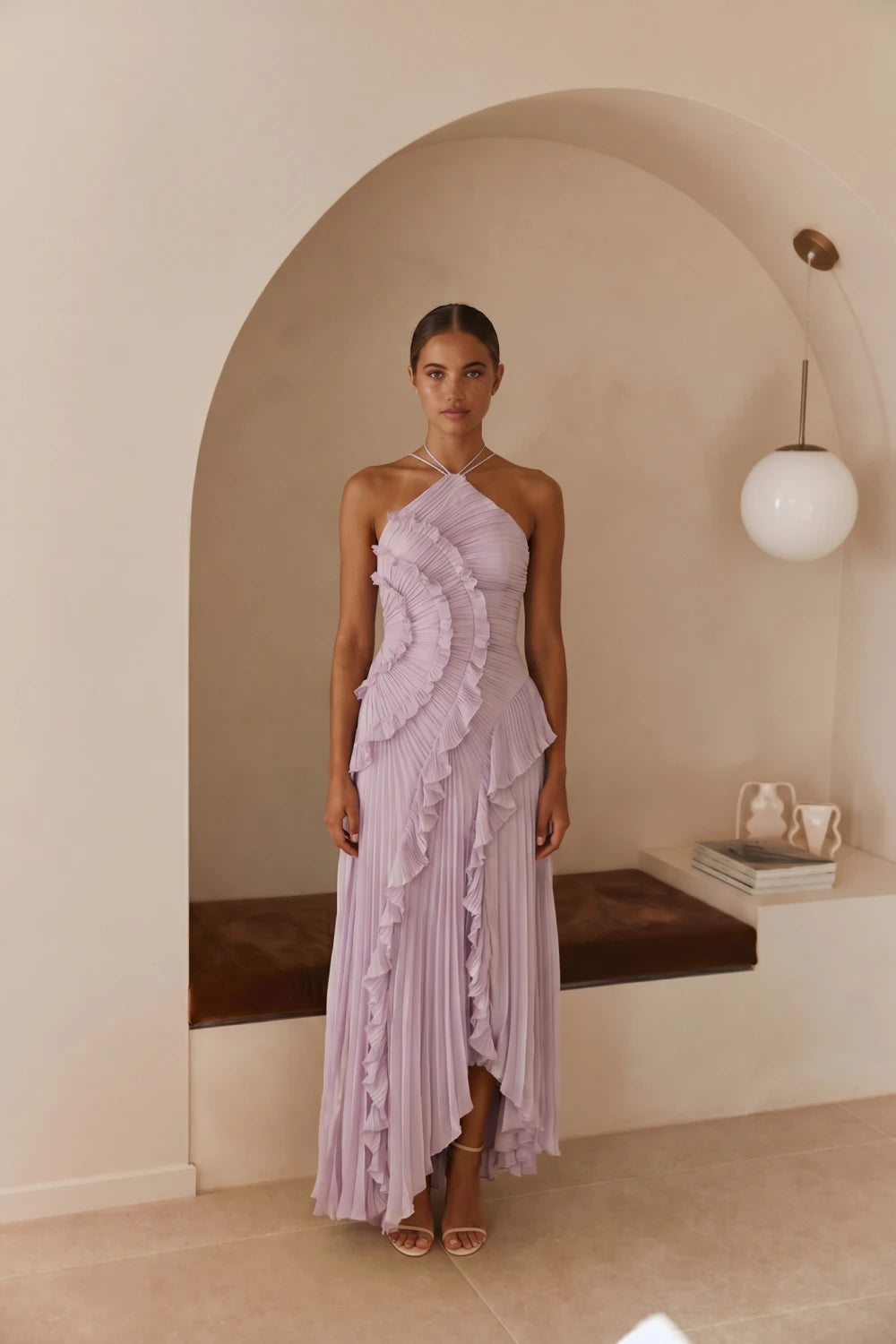 Grant Blanc | Women’s Pleated Evening Dress Ruffle Maxi Formal Occasion Wear