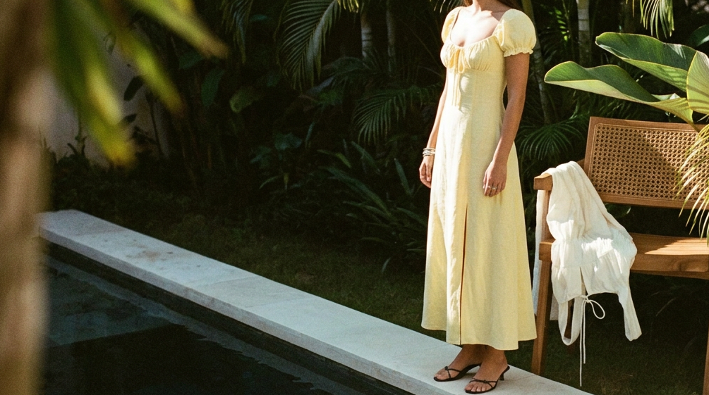 Woman in a yellow dress standing by a poolside with tropical plants